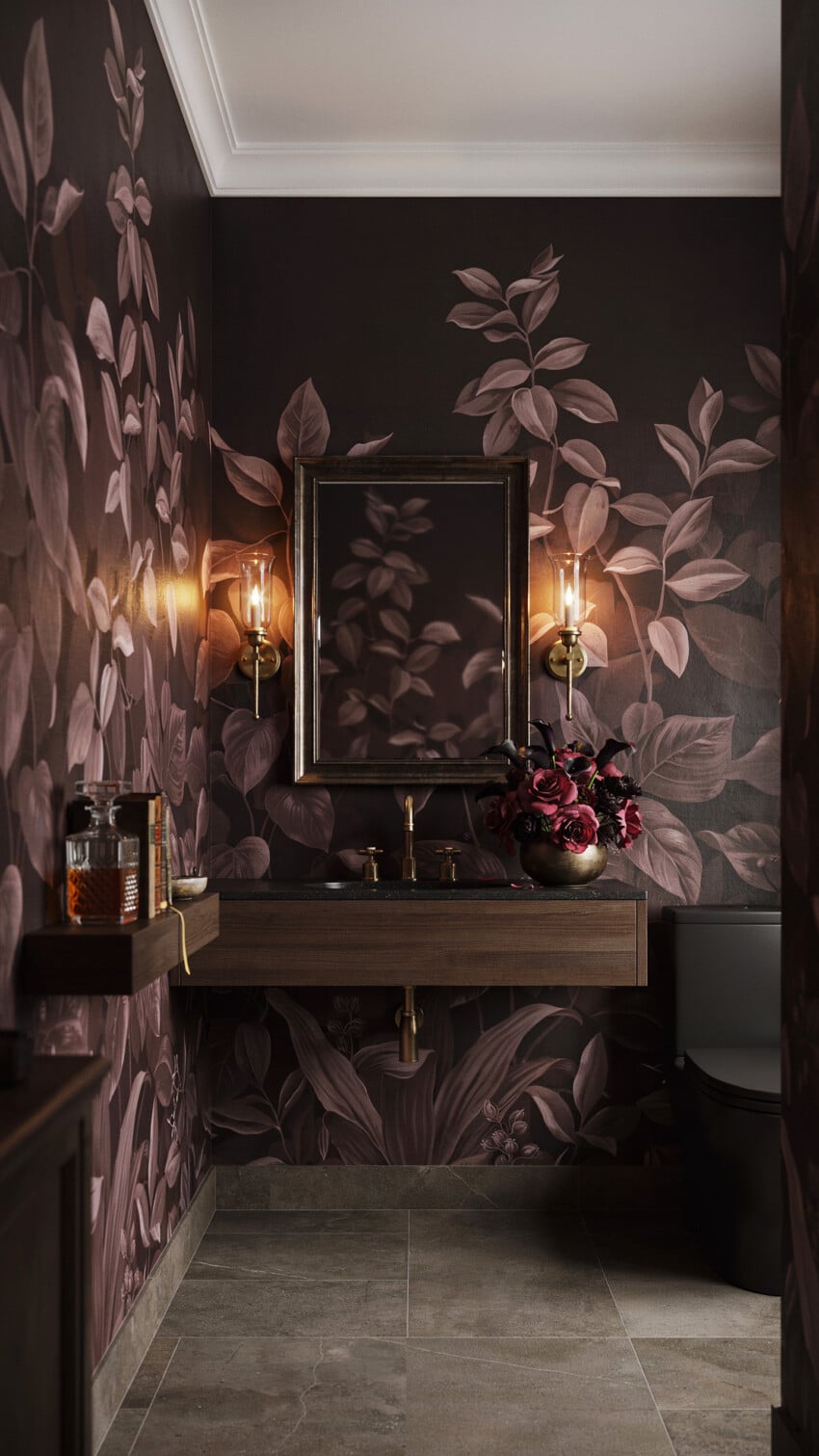 Dark Romantic Powder Room with Dark Moody Botanical Mural Wallpaper