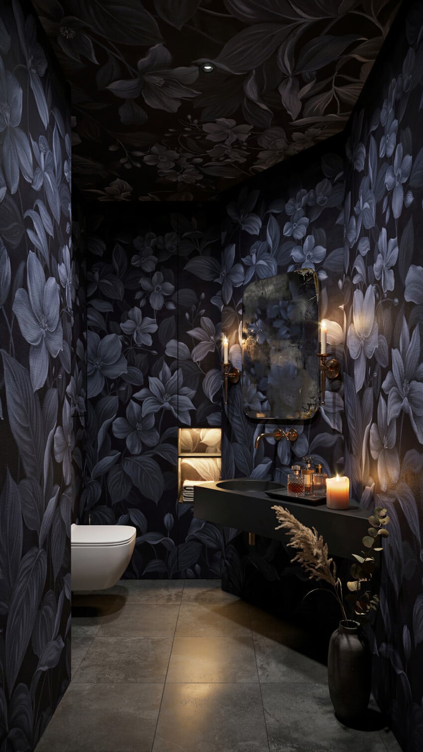 Dark Romantic Powder Room with Dark Moody Botanical Mural Wallpaper