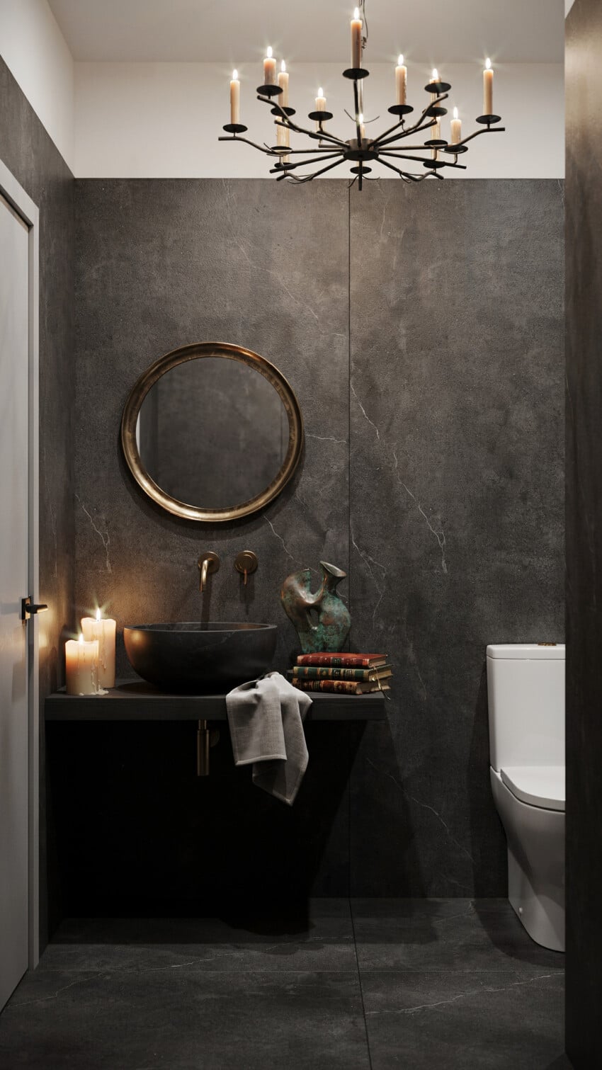 Dramatic Contemporary Powder Room with Dark Soapstone Slab Wall