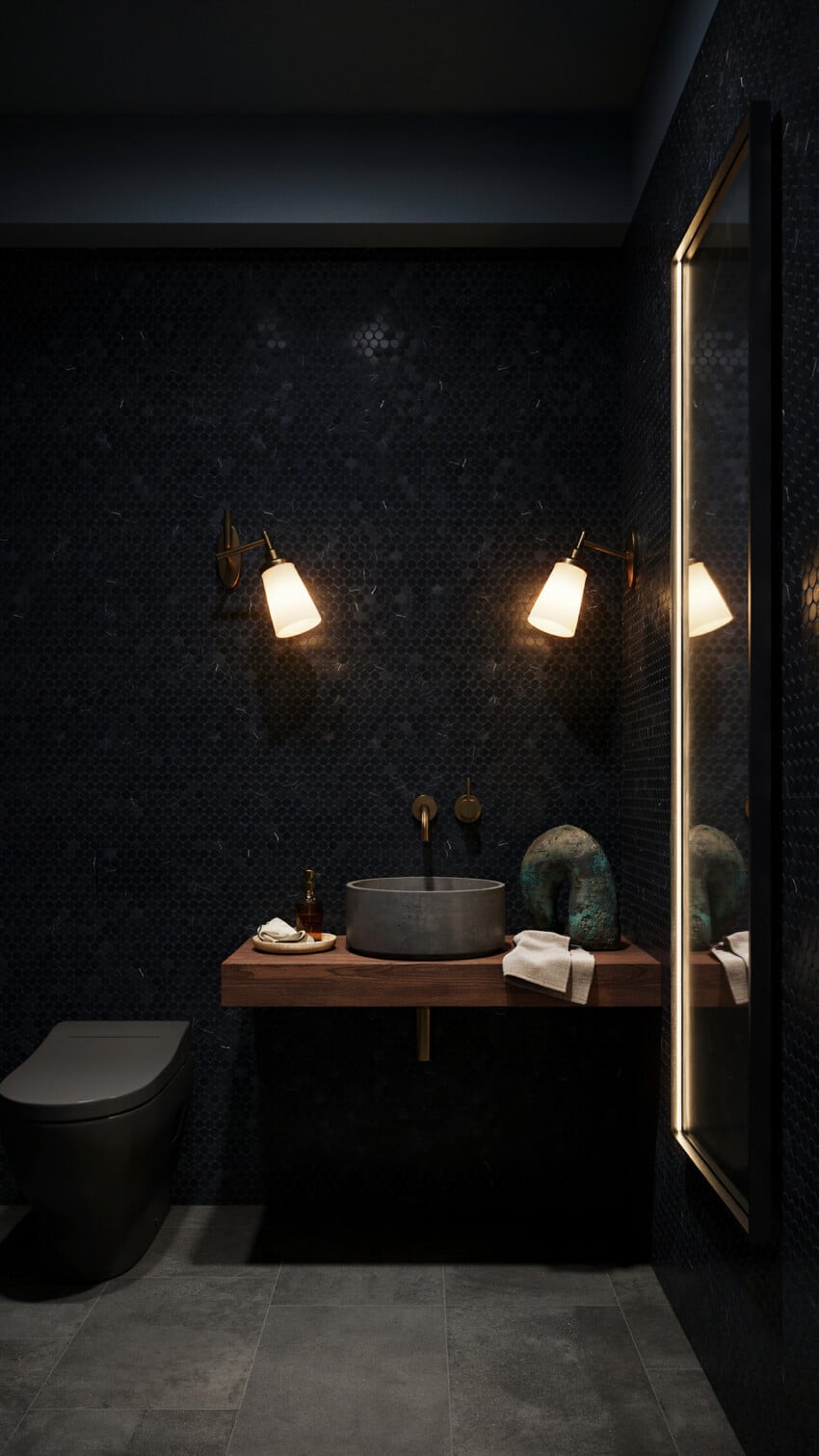 Dramatic Contemporary Powder Room with Black Penny Tile