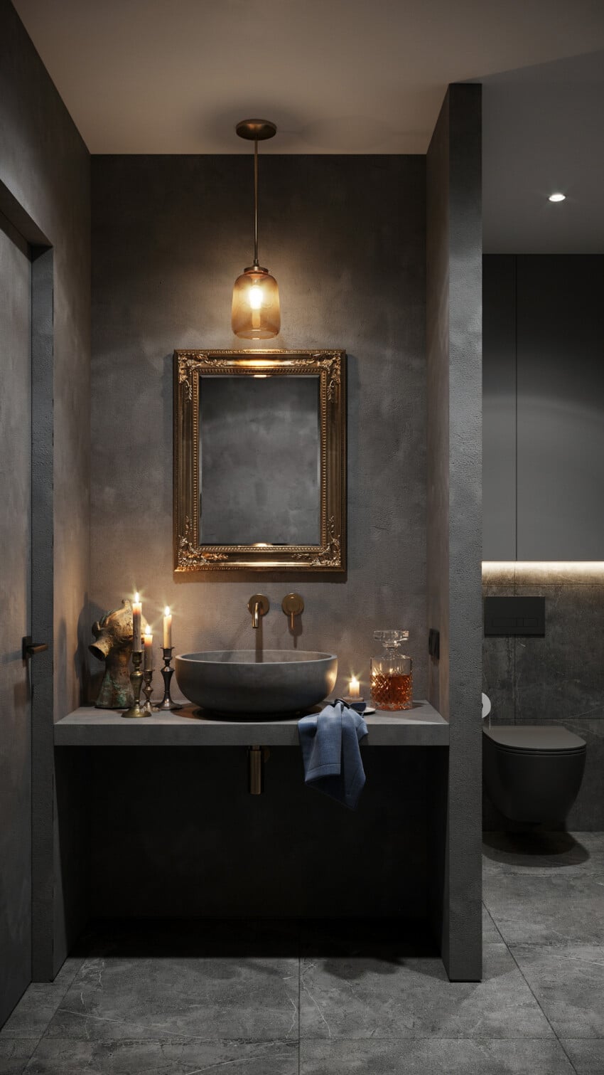 Dramatic Contemporary Powder Room with Charcoal Venetian Plaster