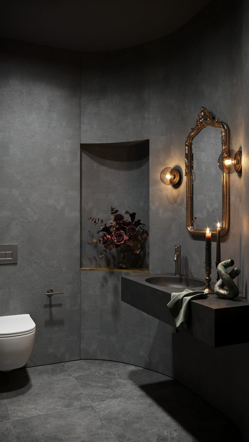 Dramatic Contemporary Powder Room with Charcoal Venetian Plaster