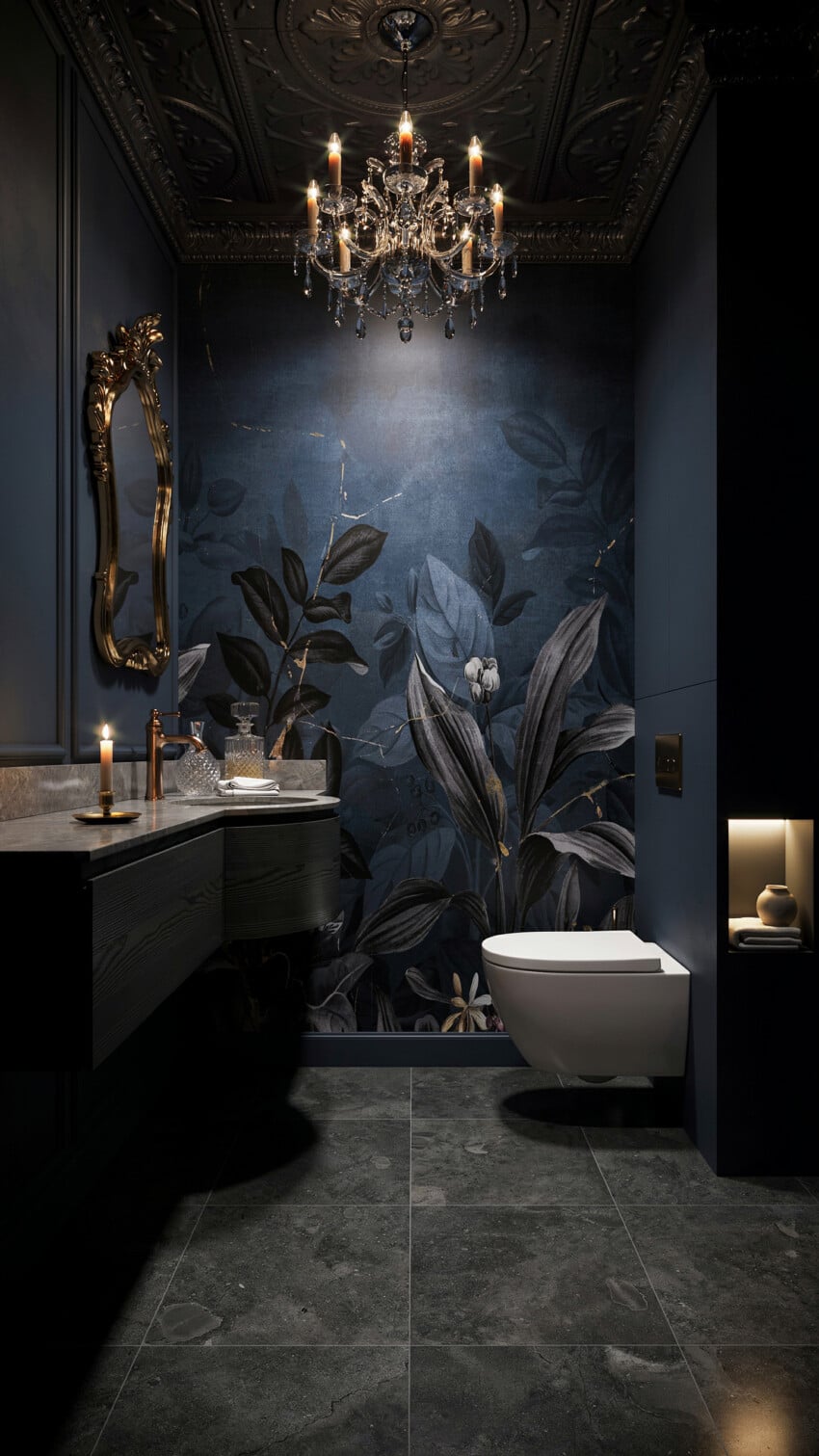 Dramatic Contemporary Powder Room with Dark Moody Botanical Mural Wallpaper