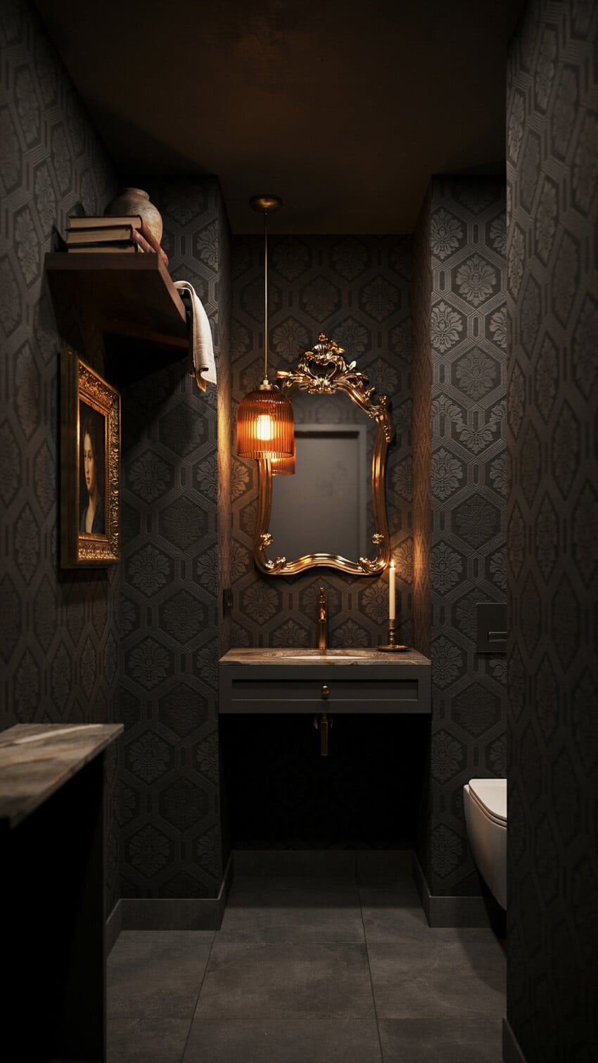 Dramatic Contemporary Powder Room with Dark Geometric Damask Wallpaper