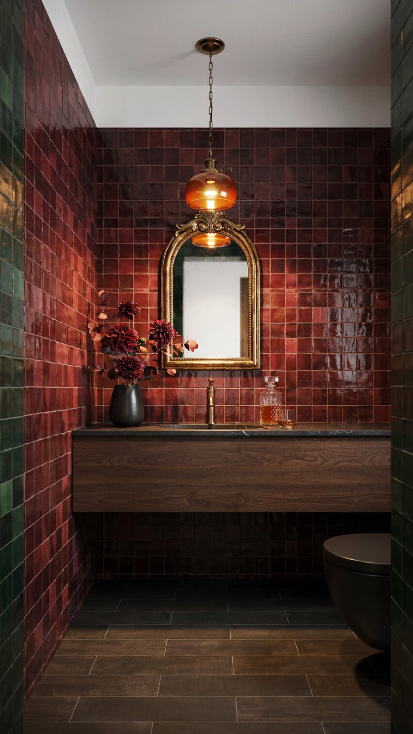 Dramatic Contemporary Powder Room with Oxblood Zellige Tile