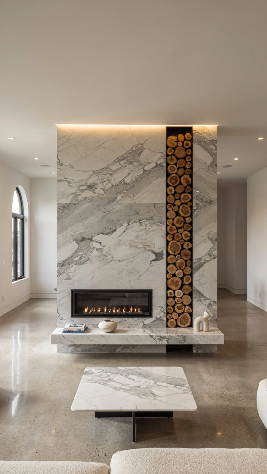 Fireplace Wall Design with Carrara Marble-Look Porcelain