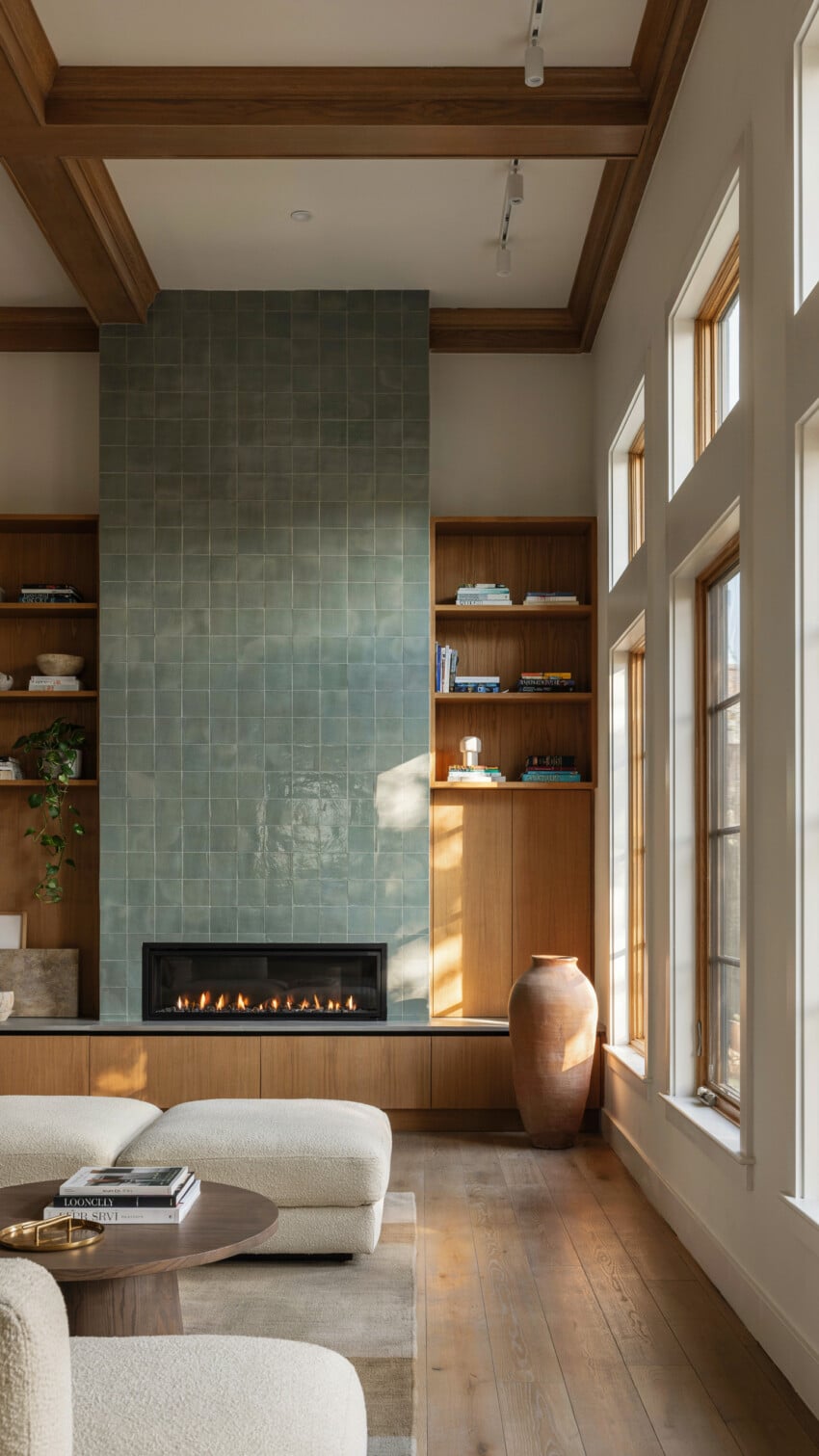 Fireplace Wall Design with Sage Green Zellige Tile