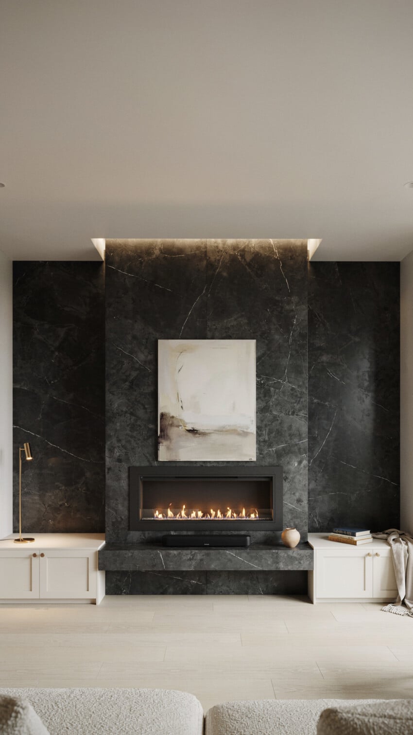 Fireplace Wall Design with Honed Black Marble Slab