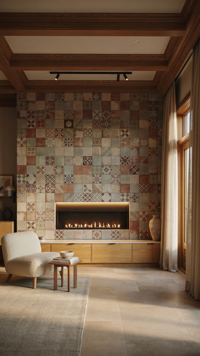 Fireplace Wall Design with Earth Tone Patchwork Tile