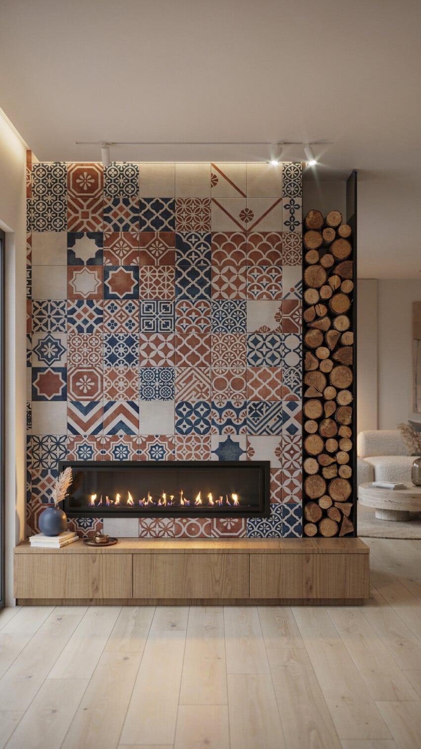 Fireplace Wall Design with Multi-Pattern Patchwork Tile