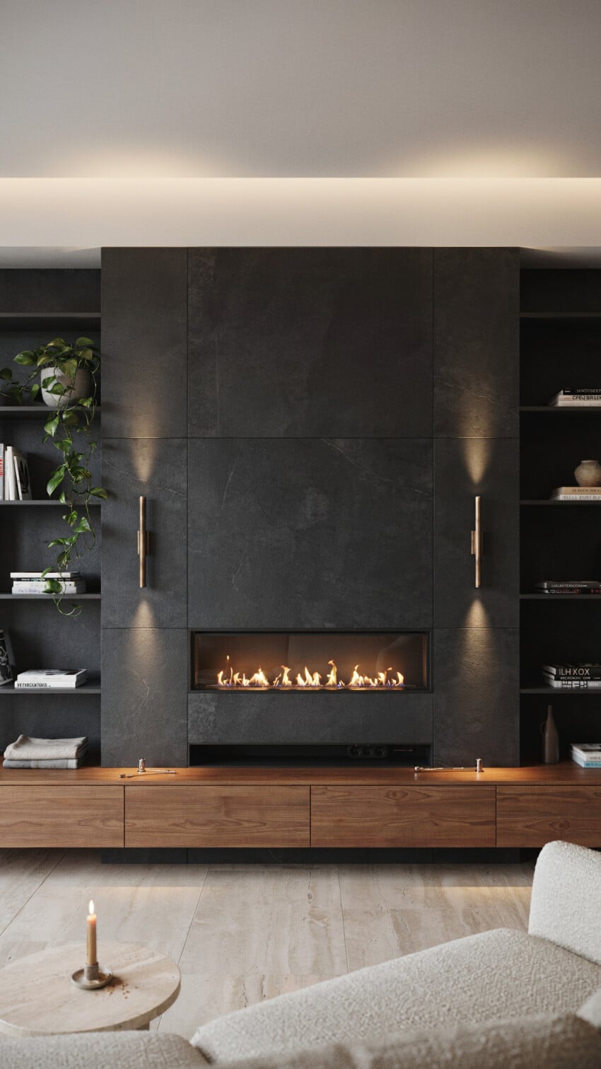 Fireplace Wall Design with Honed Black Slate