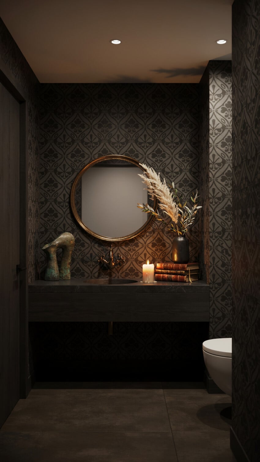 Gothic Modern Powder Room with Dark Geometric Damask Wallpaper