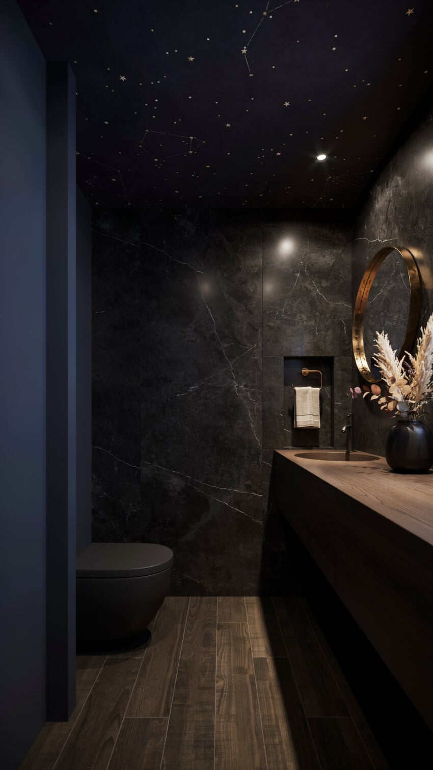 Gothic Modern Powder Room with Honed Black Granite Slab