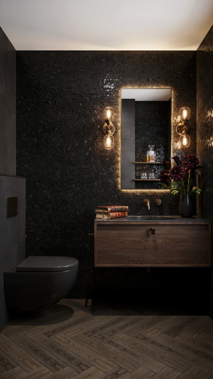 Gothic Modern Powder Room with Black Penny Tile