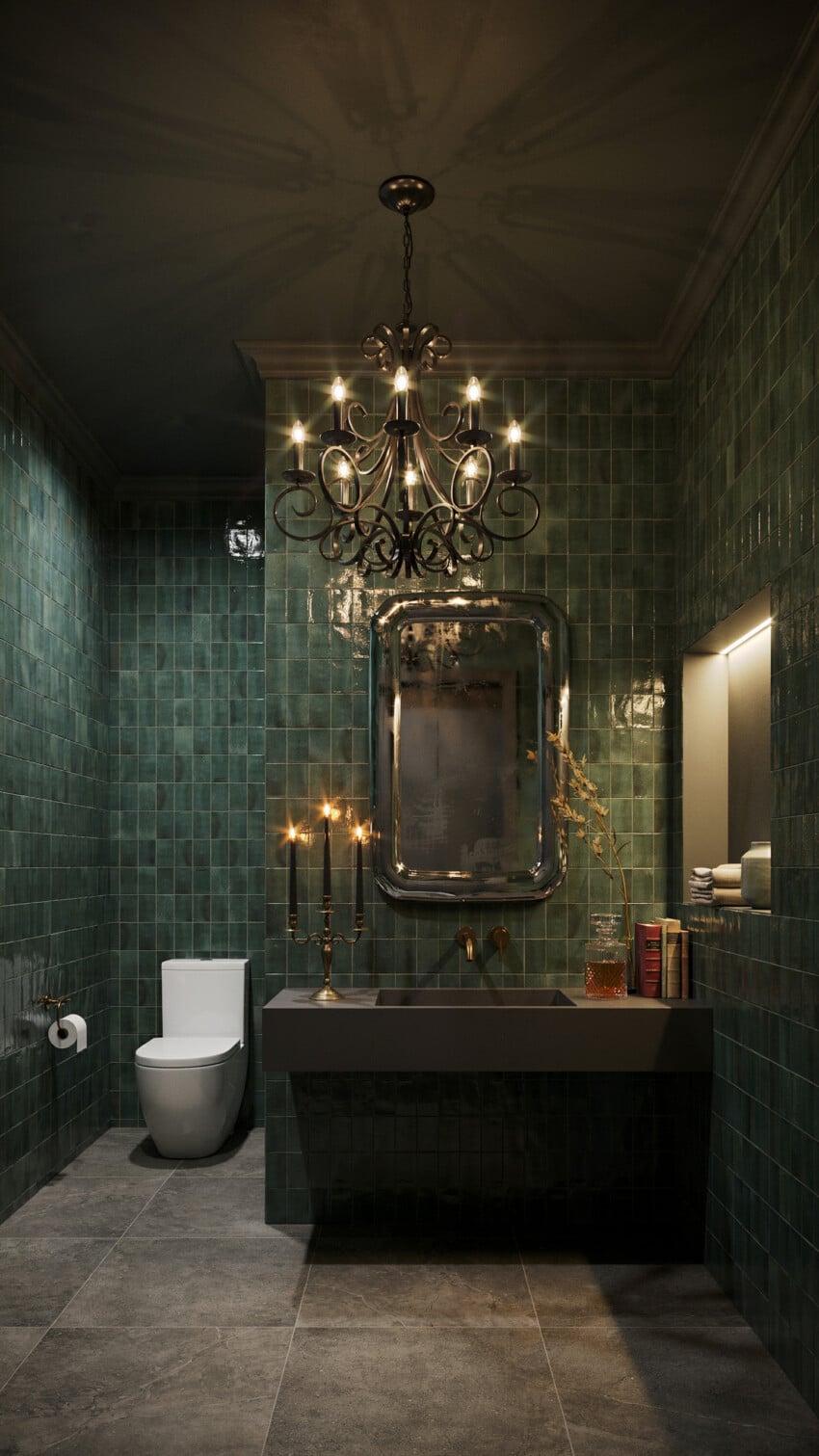 Gothic Modern Powder Room with Forest Green Zellige Tile