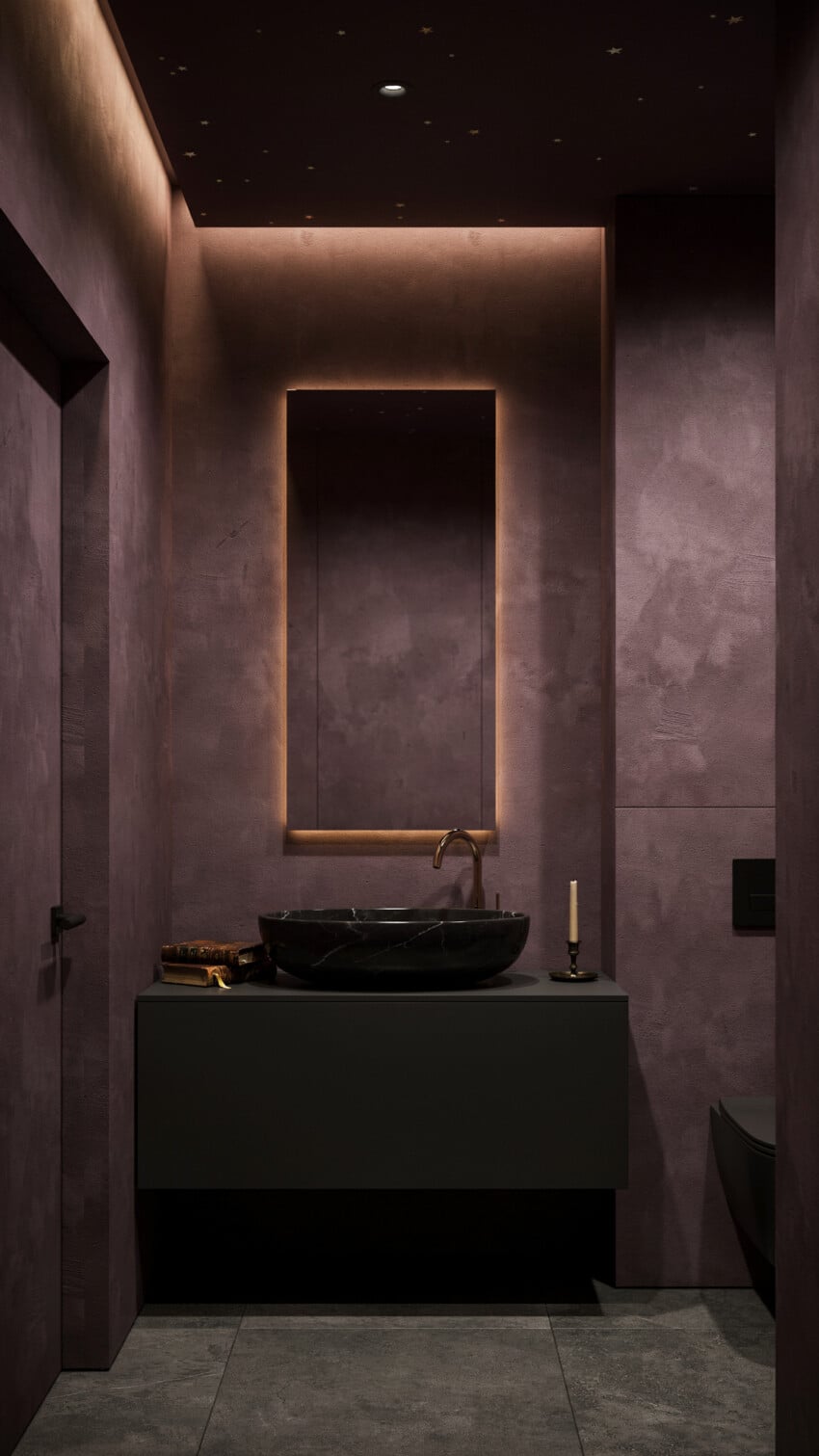 Gothic Modern Powder Room with Dark Plum Limewash Plaster