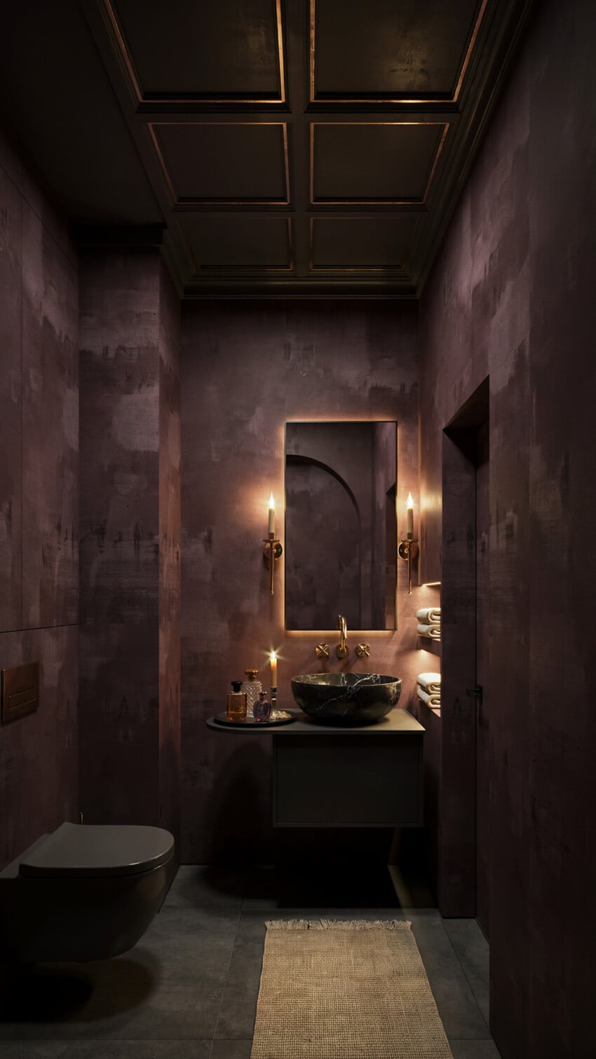 Gothic Modern Powder Room with Dark Plum Limewash Plaster