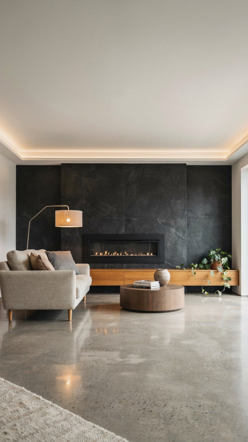 Fireplace Wall Design with Honed Black Slate