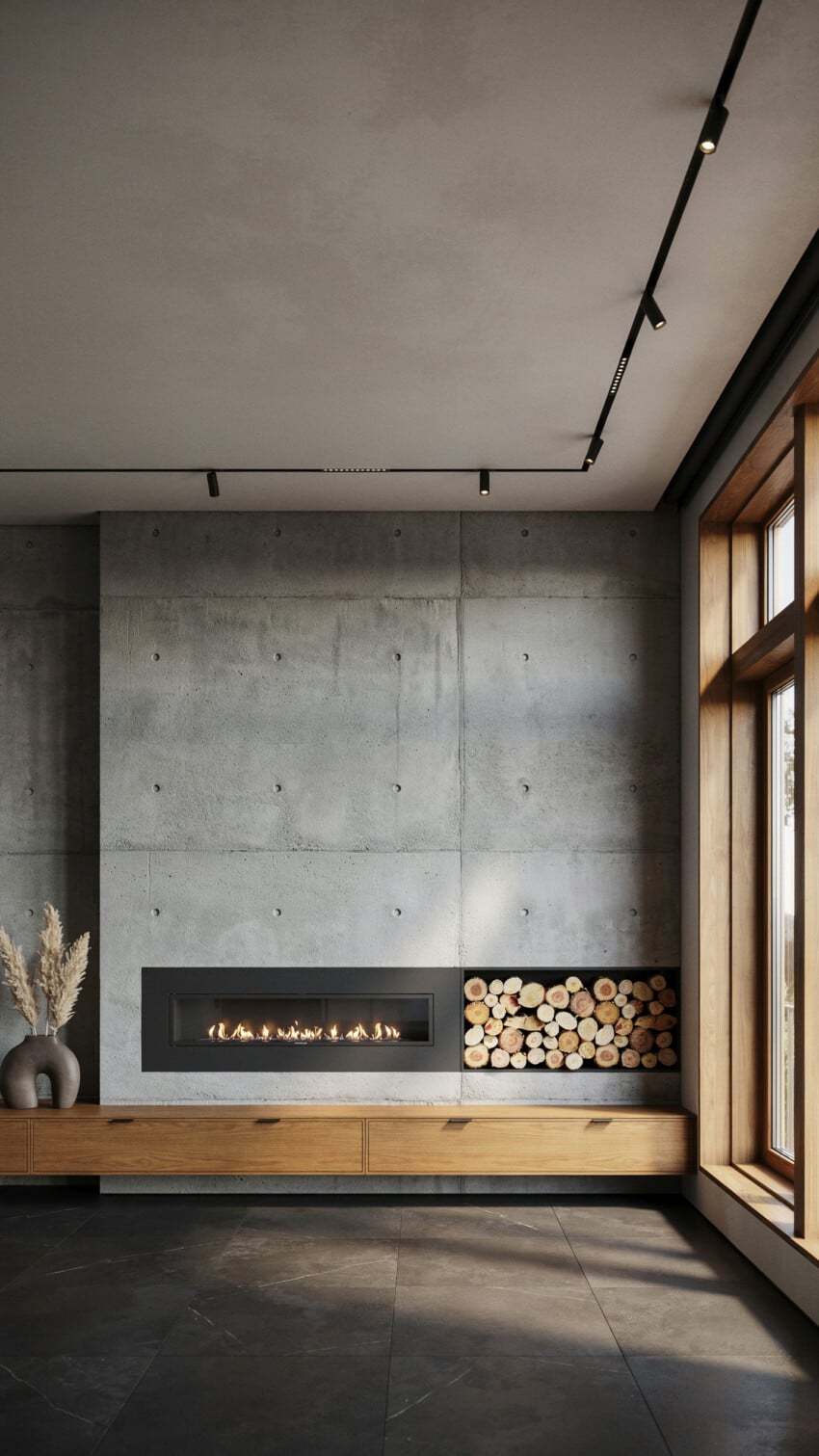 Fireplace Wall Design with Raw Poured Concrete