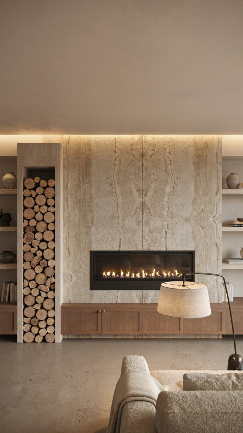 Fireplace Wall Design with Honed Travertine Slab