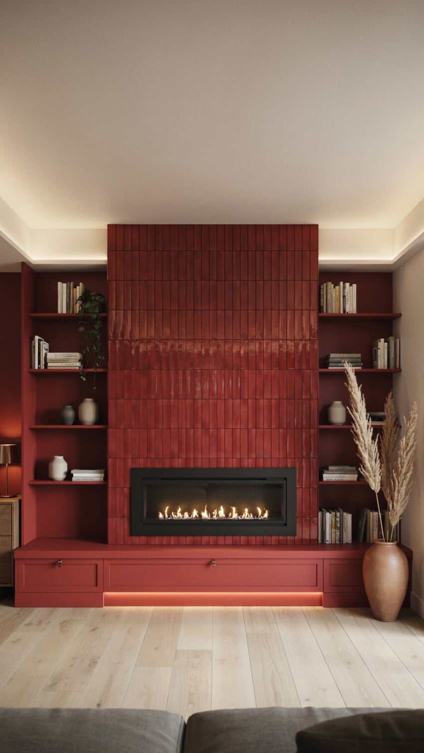Fireplace Wall Design with Scarlet Glazed Ceramic Tile