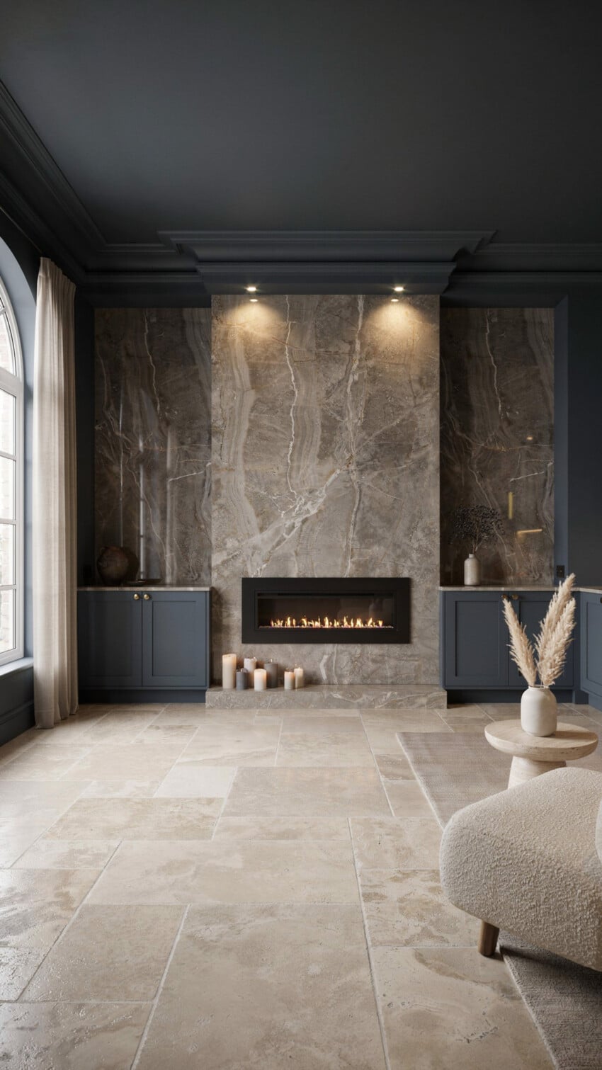 Fireplace Wall Design with Emperador Marble-Look Porcelain