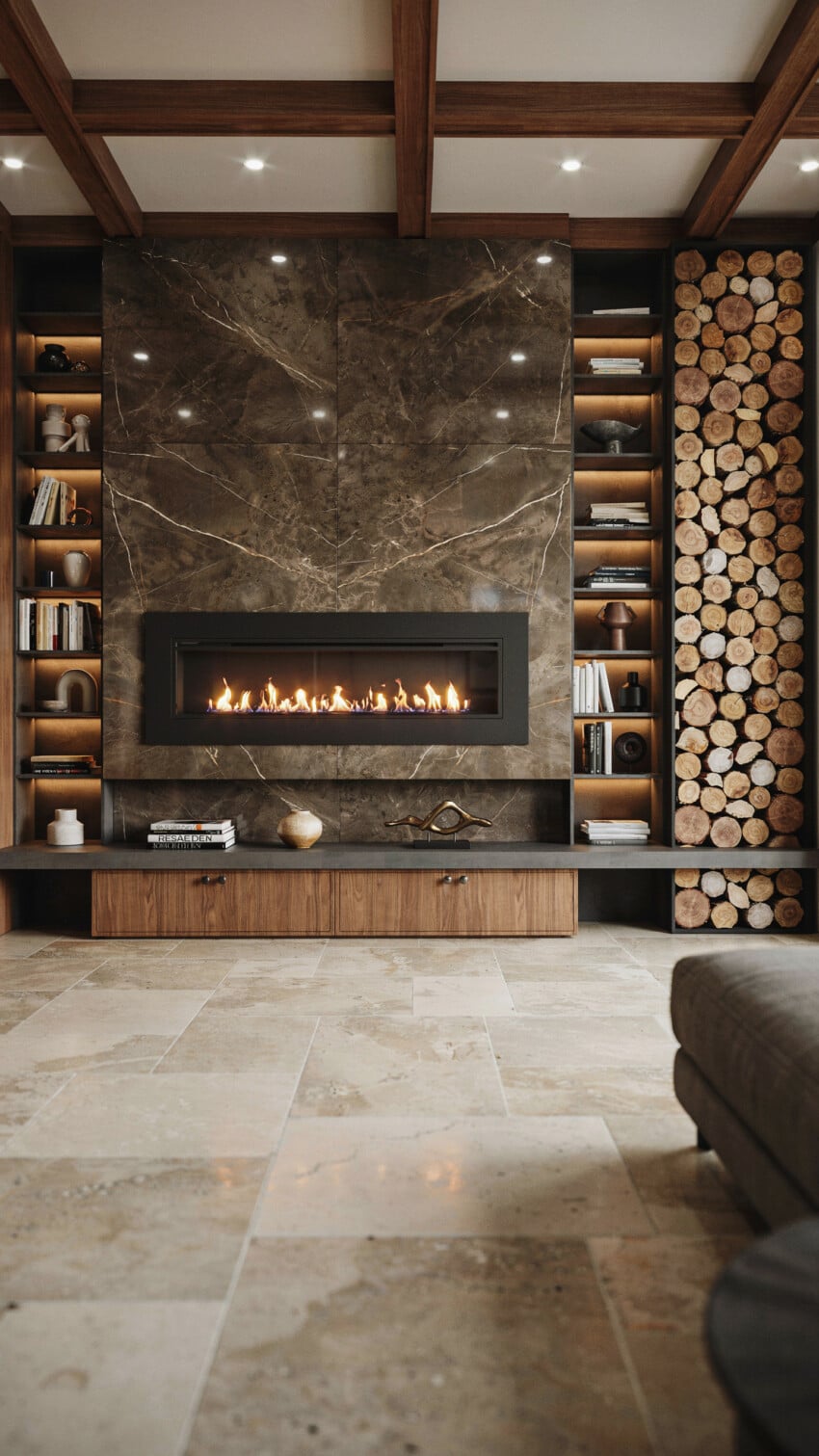 Fireplace Wall Design with Emperador Marble-Look Porcelain