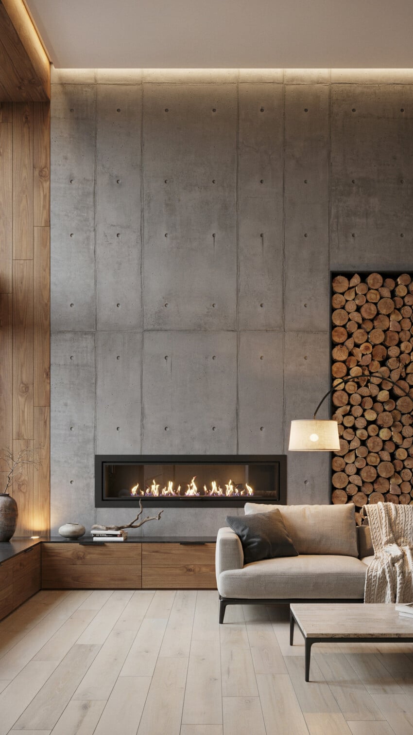 Fireplace Wall Design with Warm Oak Wood-Look Tile