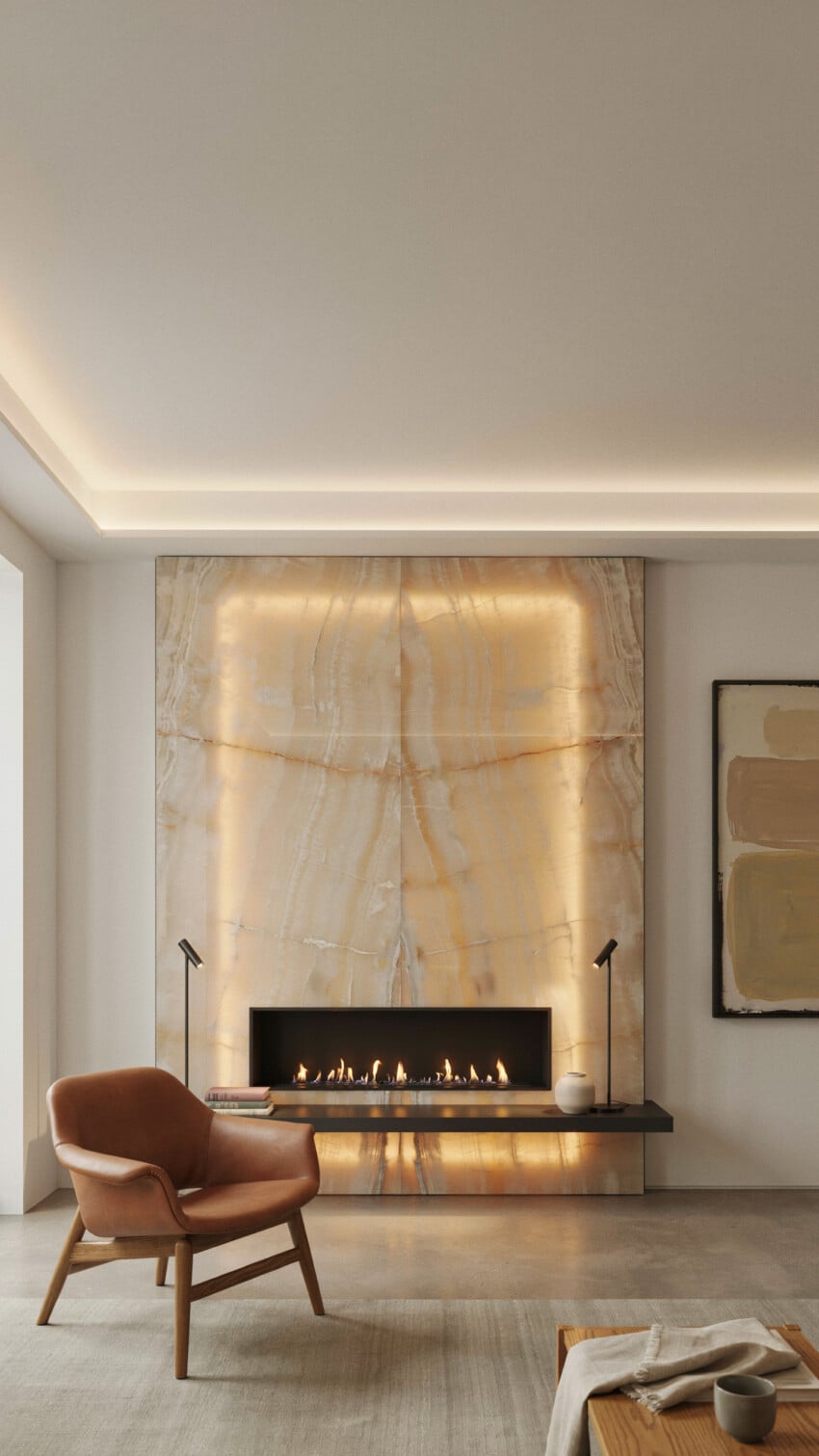 Fireplace Wall Design with Backlit Honey Onyx Slab