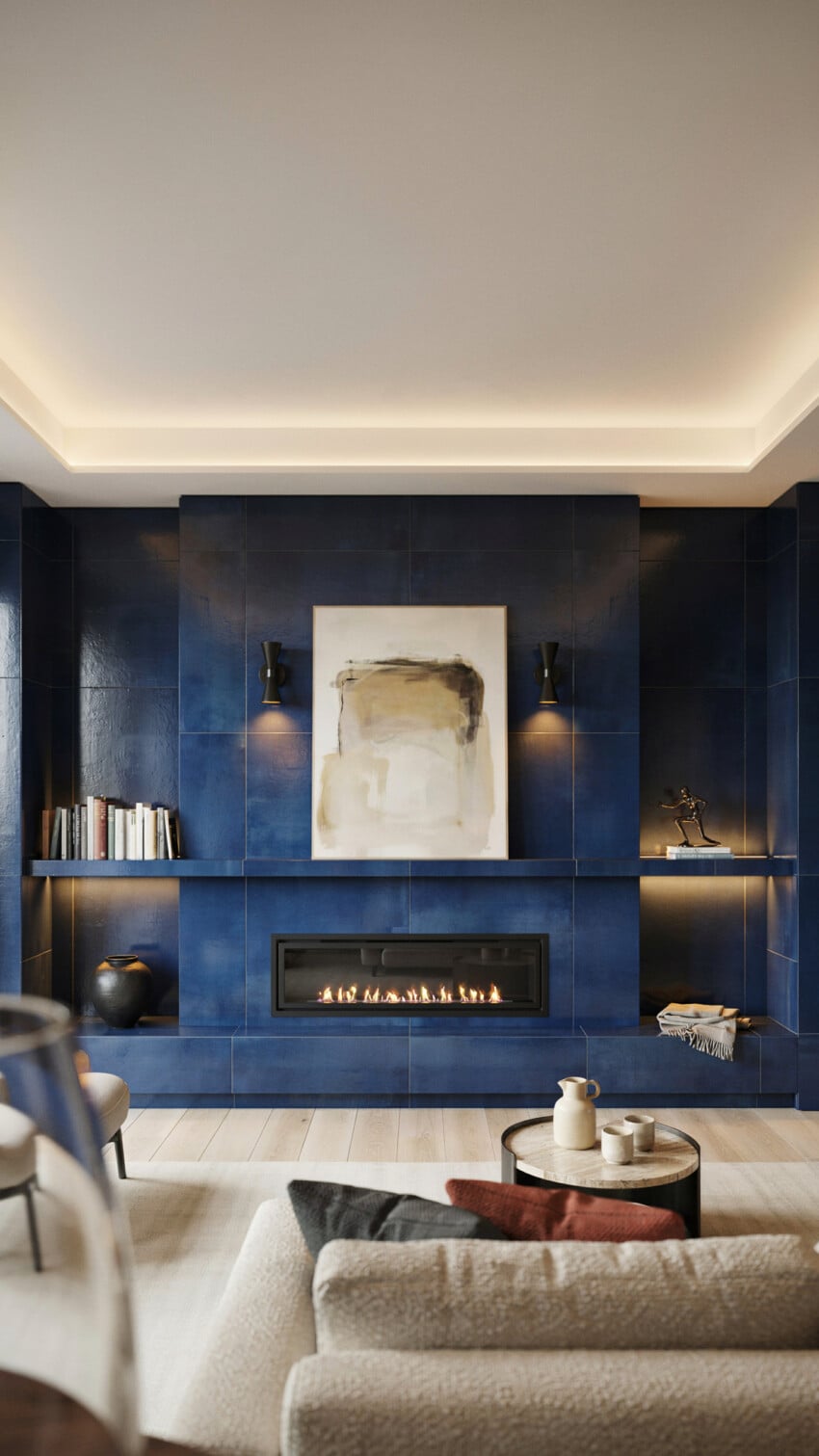Fireplace Wall Design with Cobalt Blue Ceramic Tile