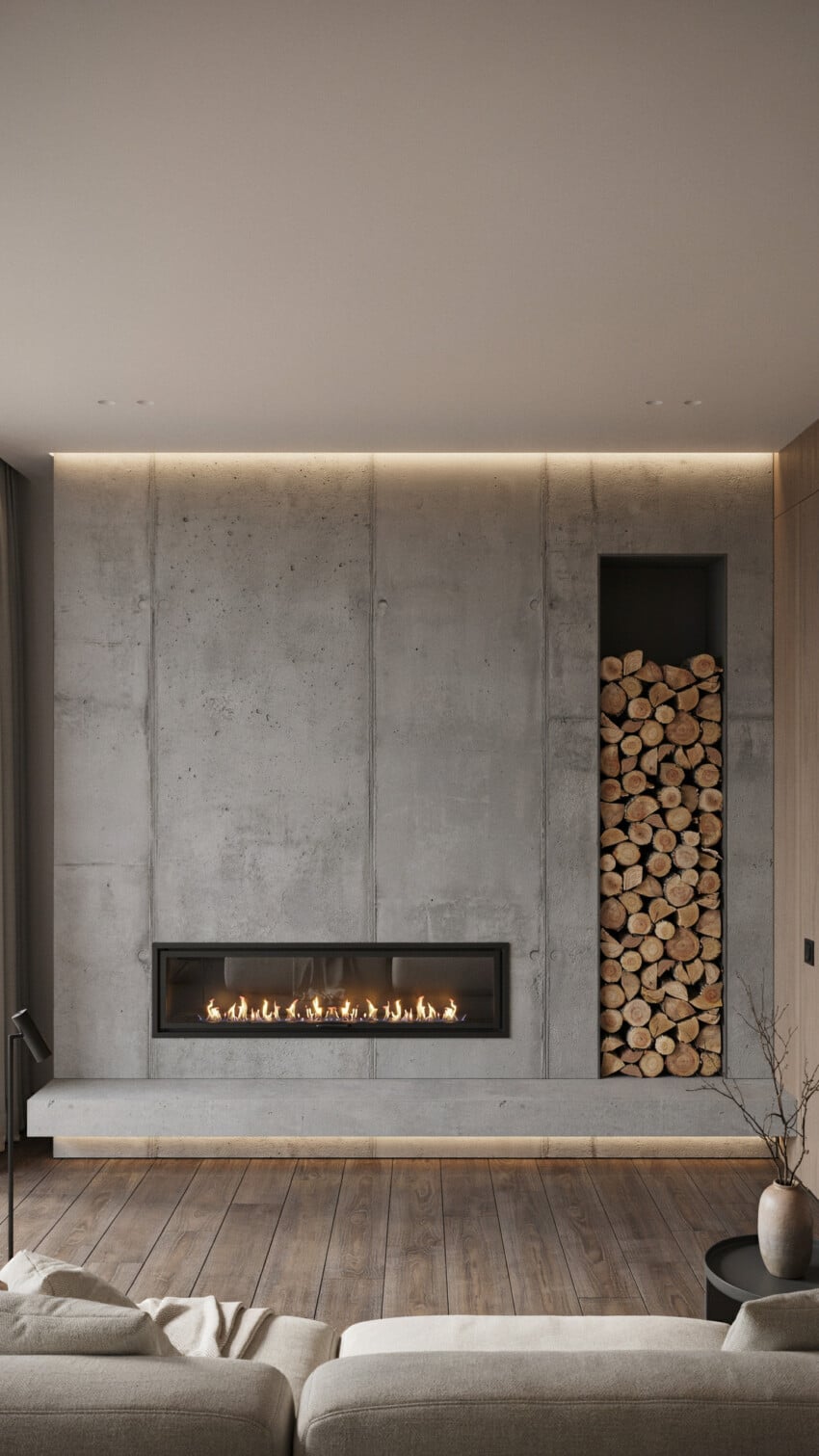 Fireplace Wall Design with Raw Poured Concrete