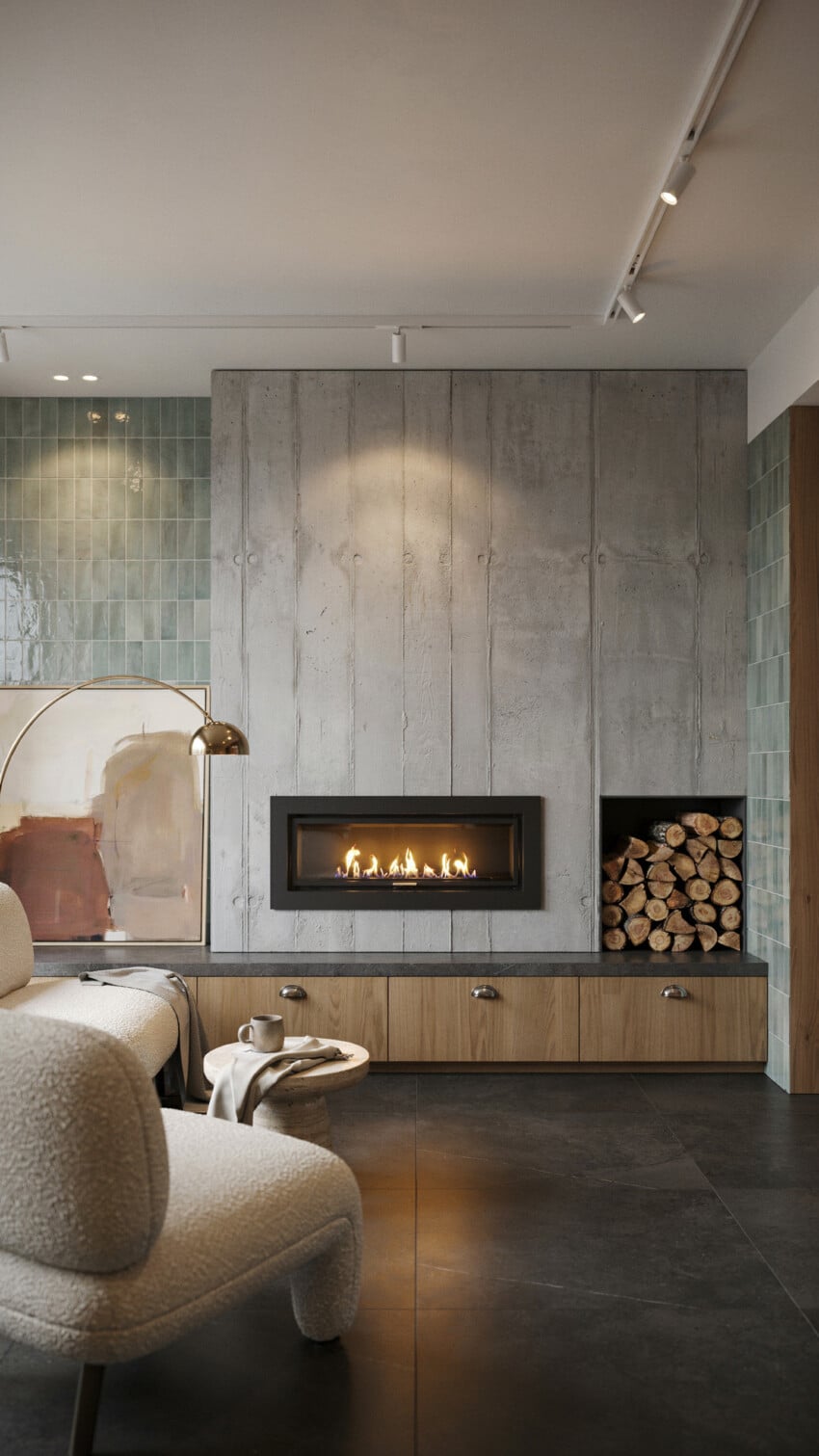 Fireplace Wall Design with Sage Green Zellige Tile
