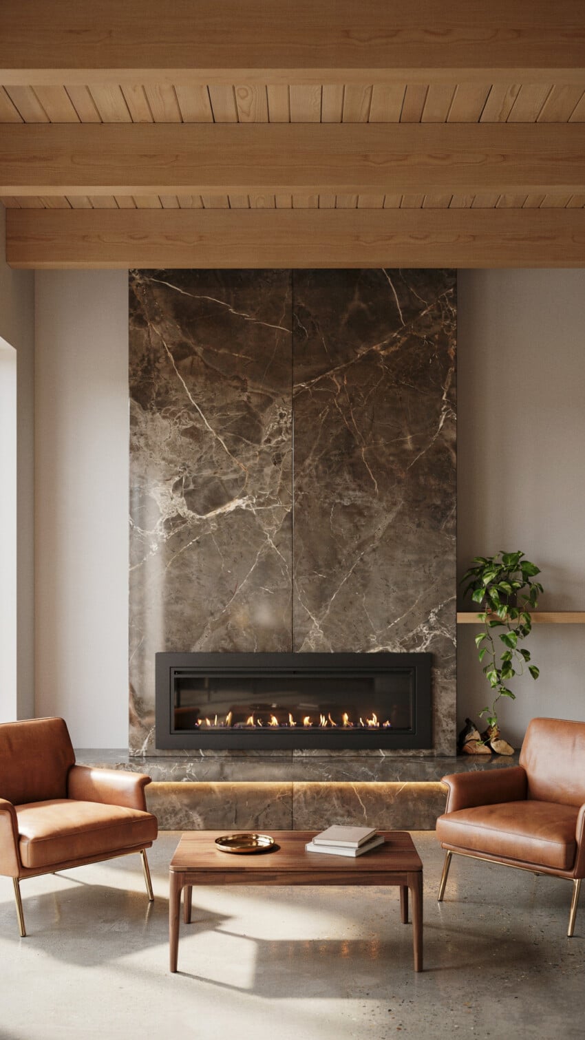Fireplace Wall Design with Emperador Marble-Look Porcelain