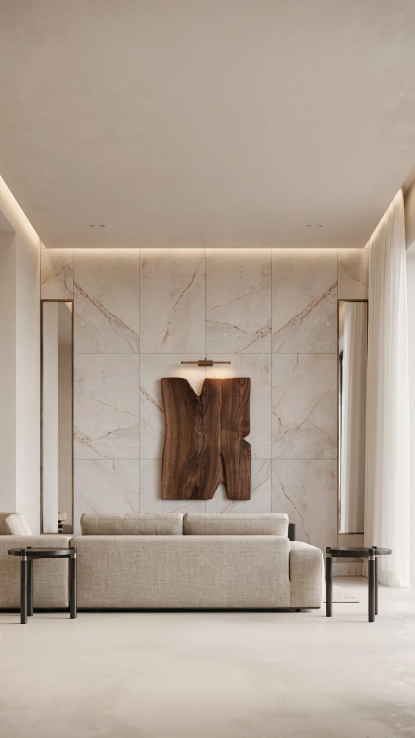 Marble-Look Tile with Abstract Wooden Art