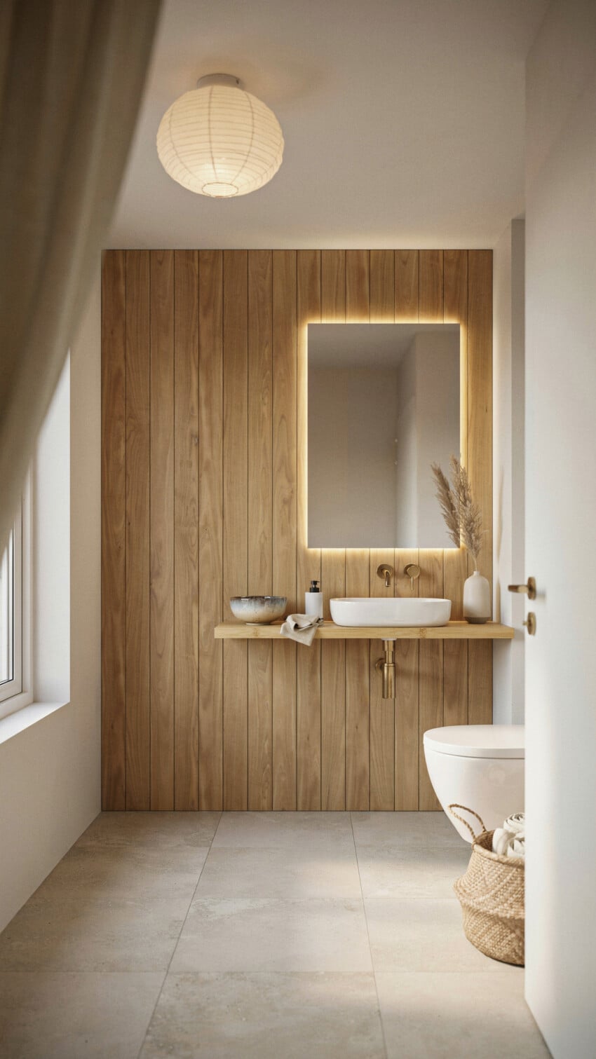 Japandi Powder Room with Horizontal Wood Batten Panels In Light Oak