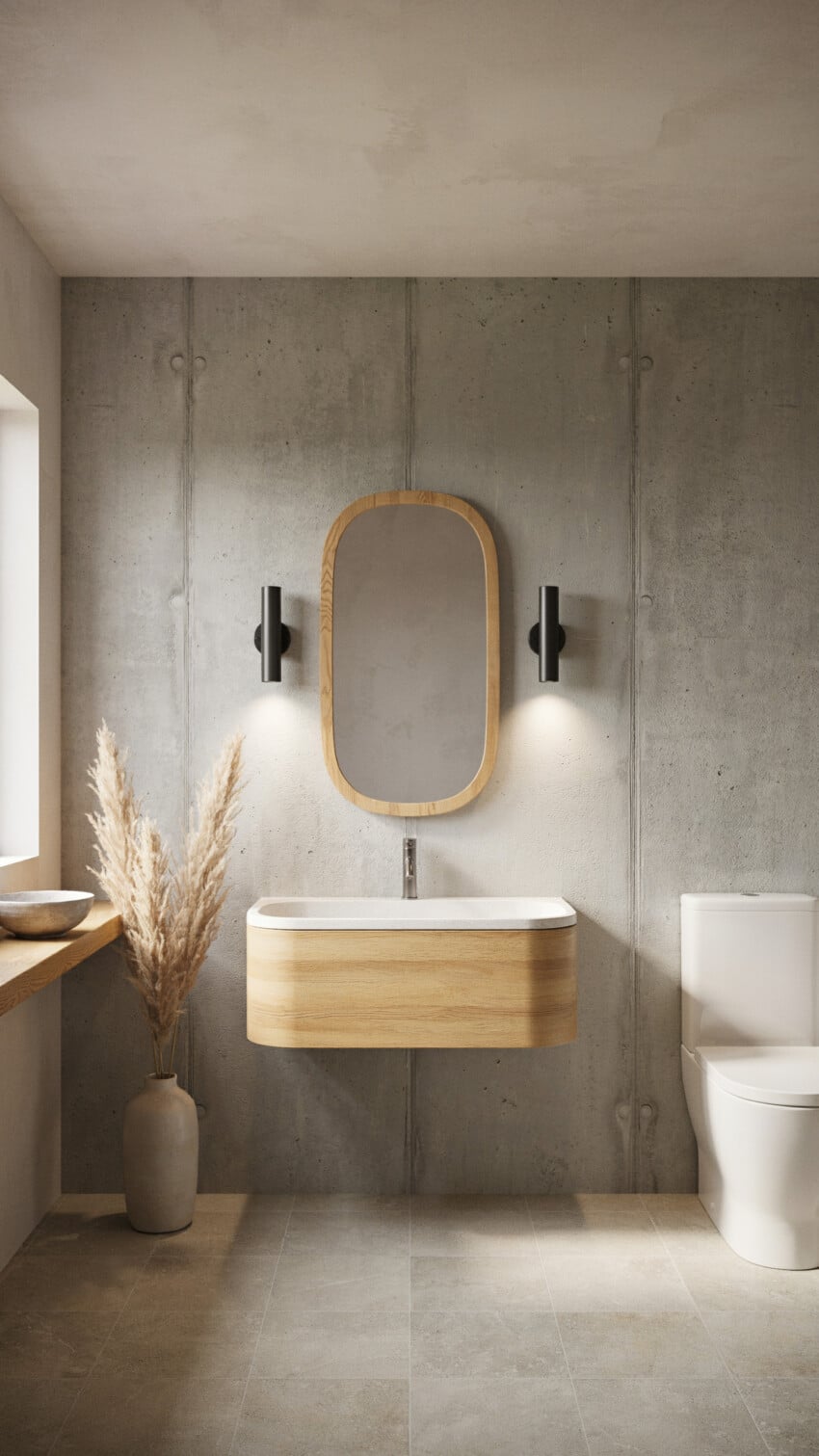 Japandi Powder Room with Honed Concrete Panels In Warm Gray