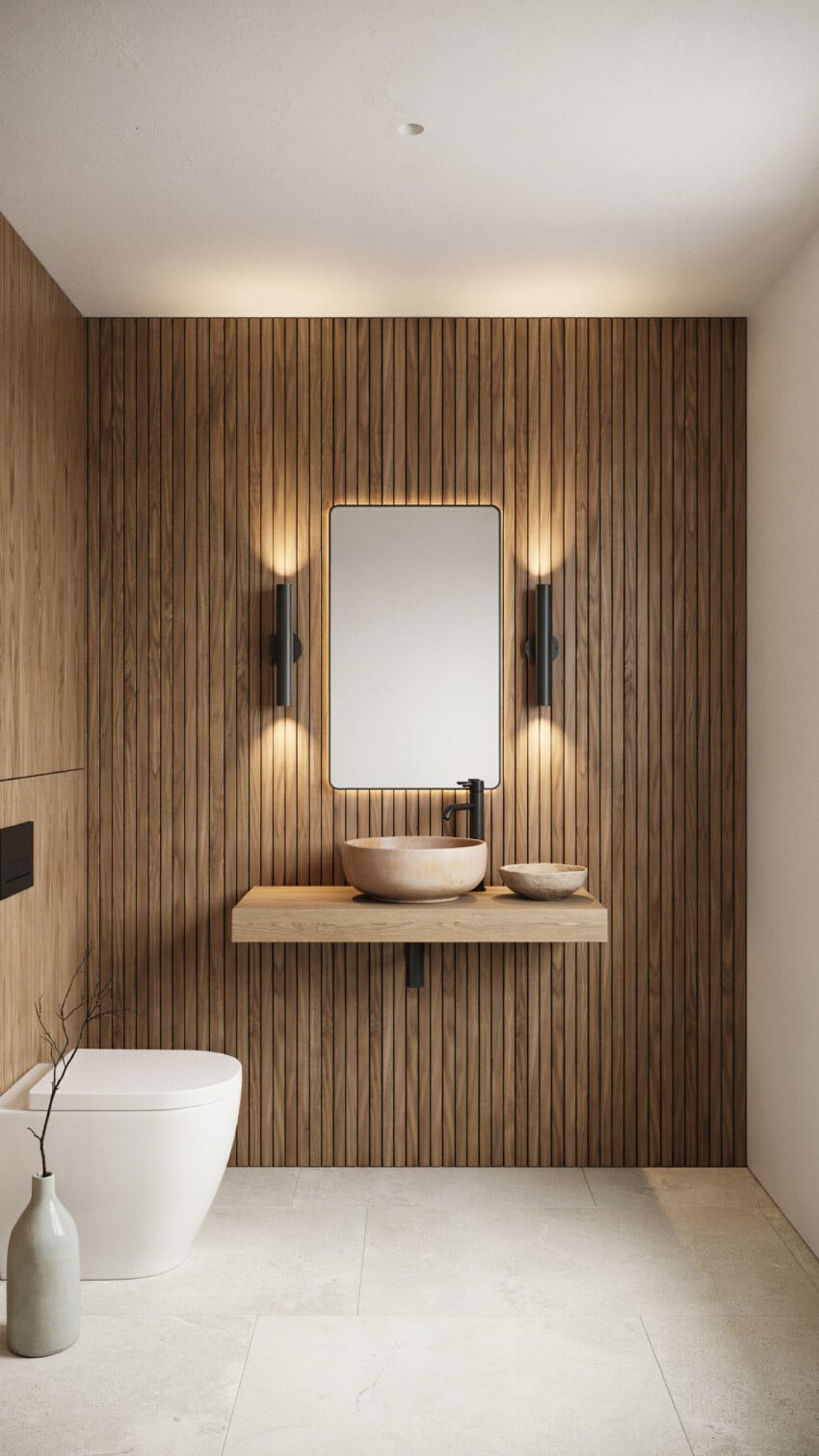Japandi Powder Room with Vertical Oak Wood Slat Panels