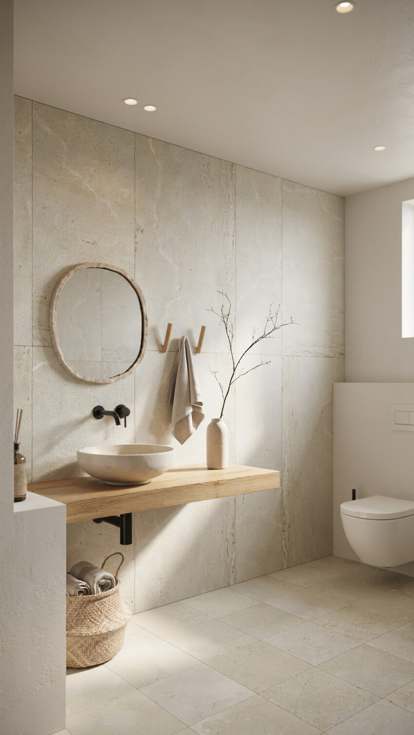 Japandi Powder Room with Natural Travertine Slab Wall