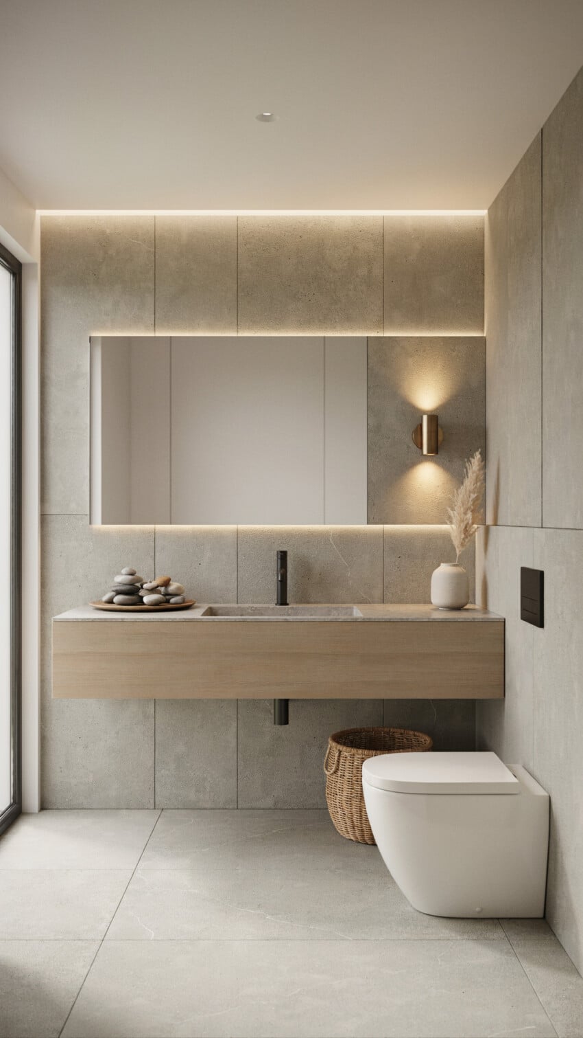 Japandi Powder Room with Honed Concrete Panels In Warm Gray
