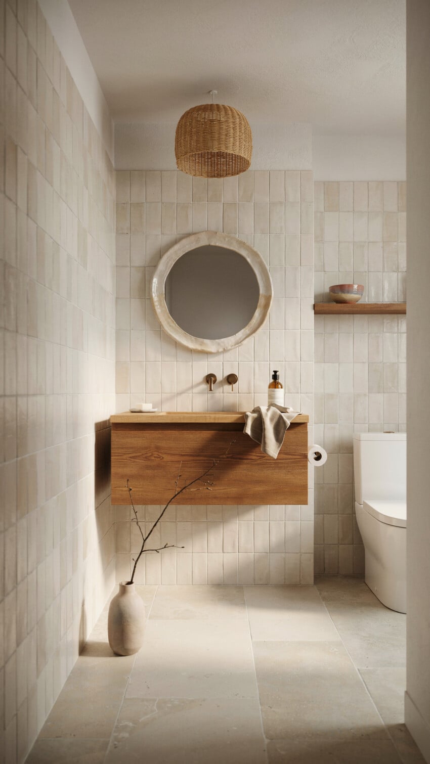 Japandi Powder Room with Handmade Square Ceramic Tile In Warm Ivory