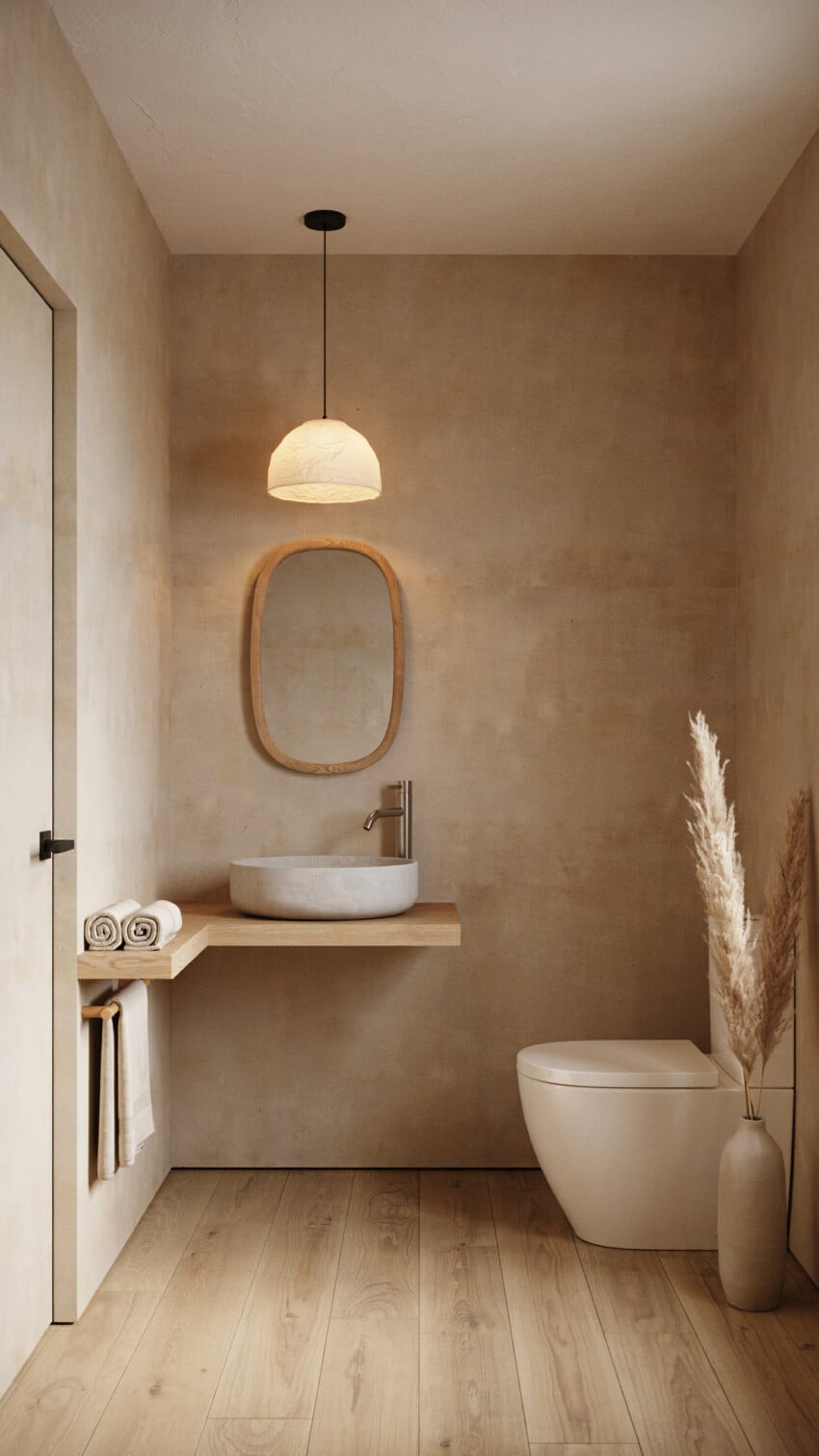 Japandi Powder Room with Rammed Earth Look Plaster In Warm Sand