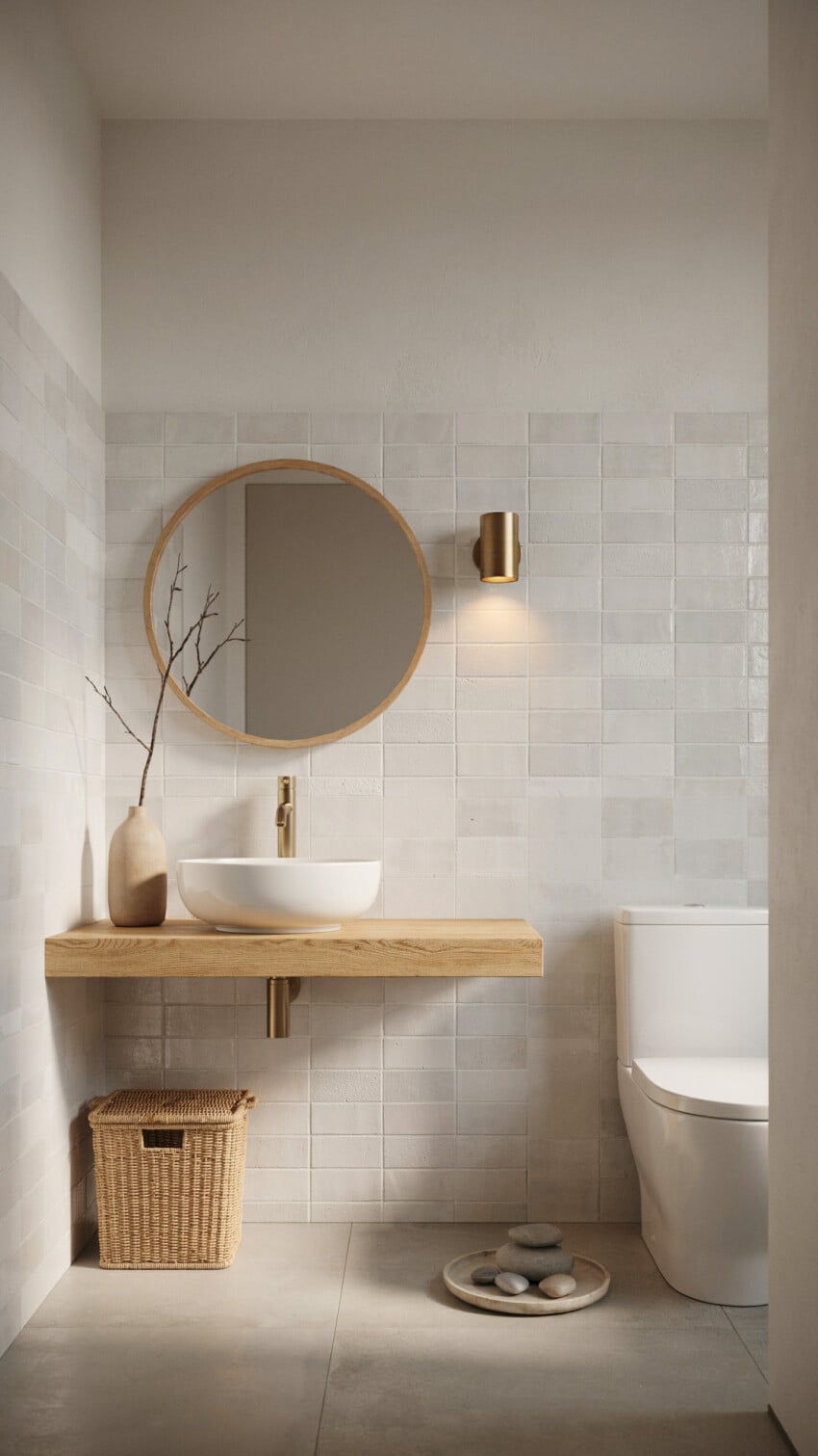 Japandi Powder Room with Soft White Brick-Pattern Ceramic Tile