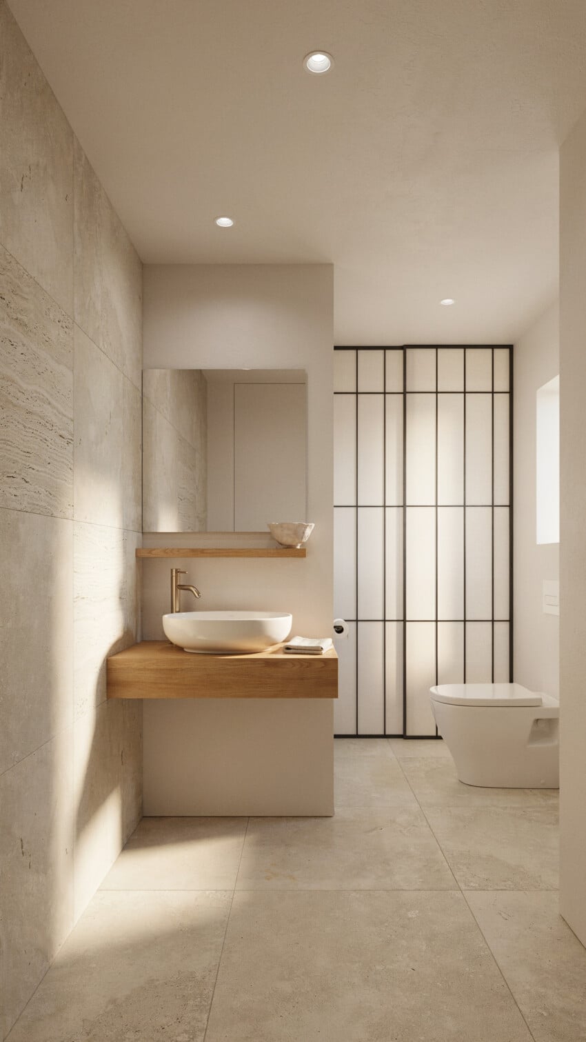 Japanese Minimalism Powder Room with Natural Travertine Slab Wall