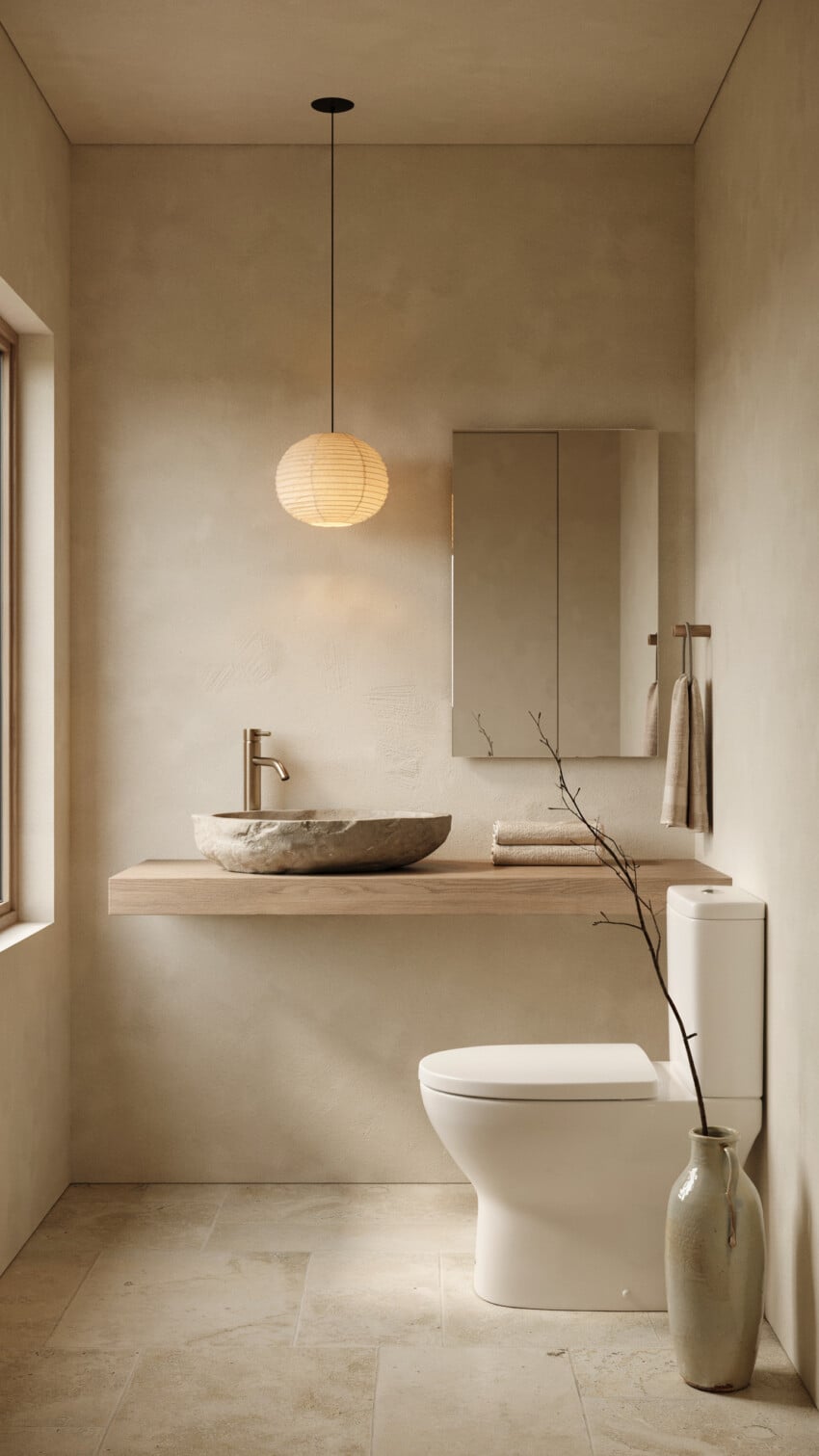Japanese Minimalism Powder Room with Smooth Clay Plaster In Warm Cream