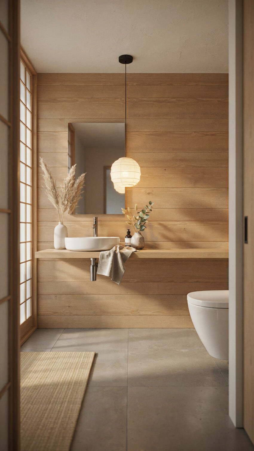 Japanese Minimalism Powder Room with Horizontal Wood Batten Panels In Light Oak