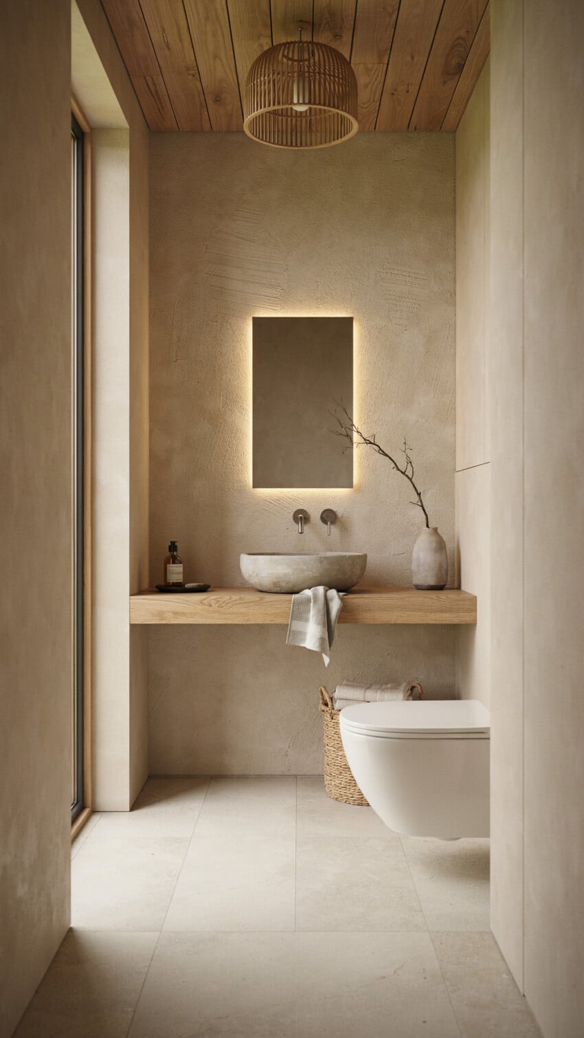 Japanese Minimalism Powder Room with Rammed Earth Look Plaster In Warm Sand