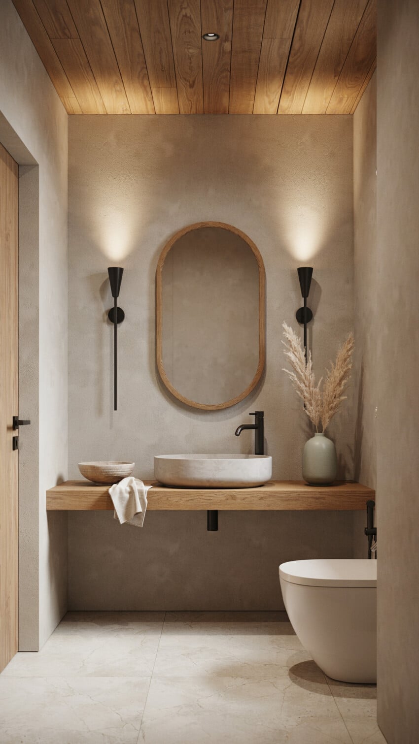Japanese Minimalism Powder Room with Textured Plaster In Warm Gray