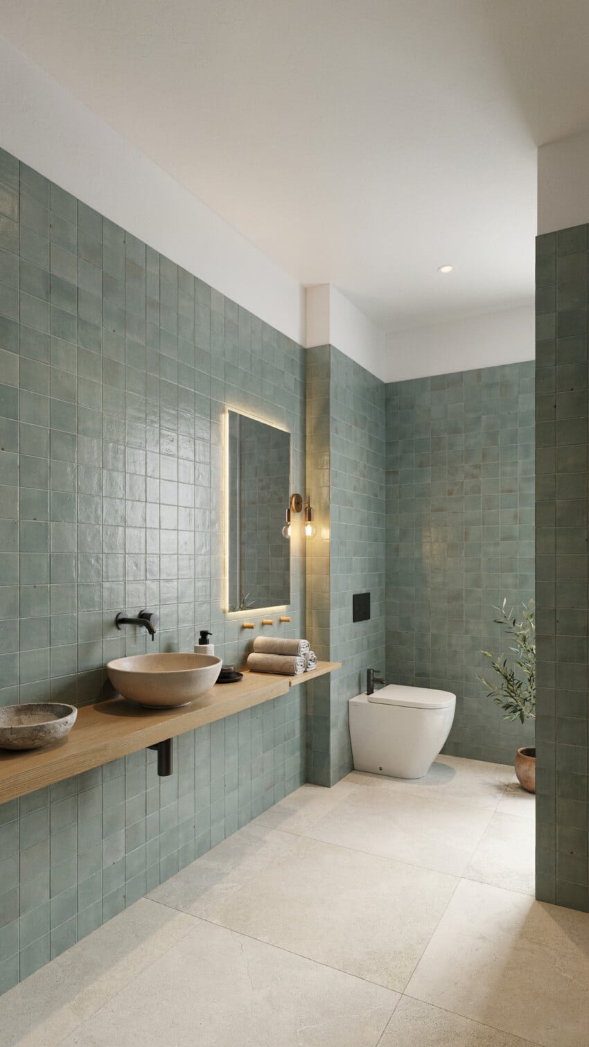 Japanese Minimalism Powder Room with Muted Sage Zellige Tile