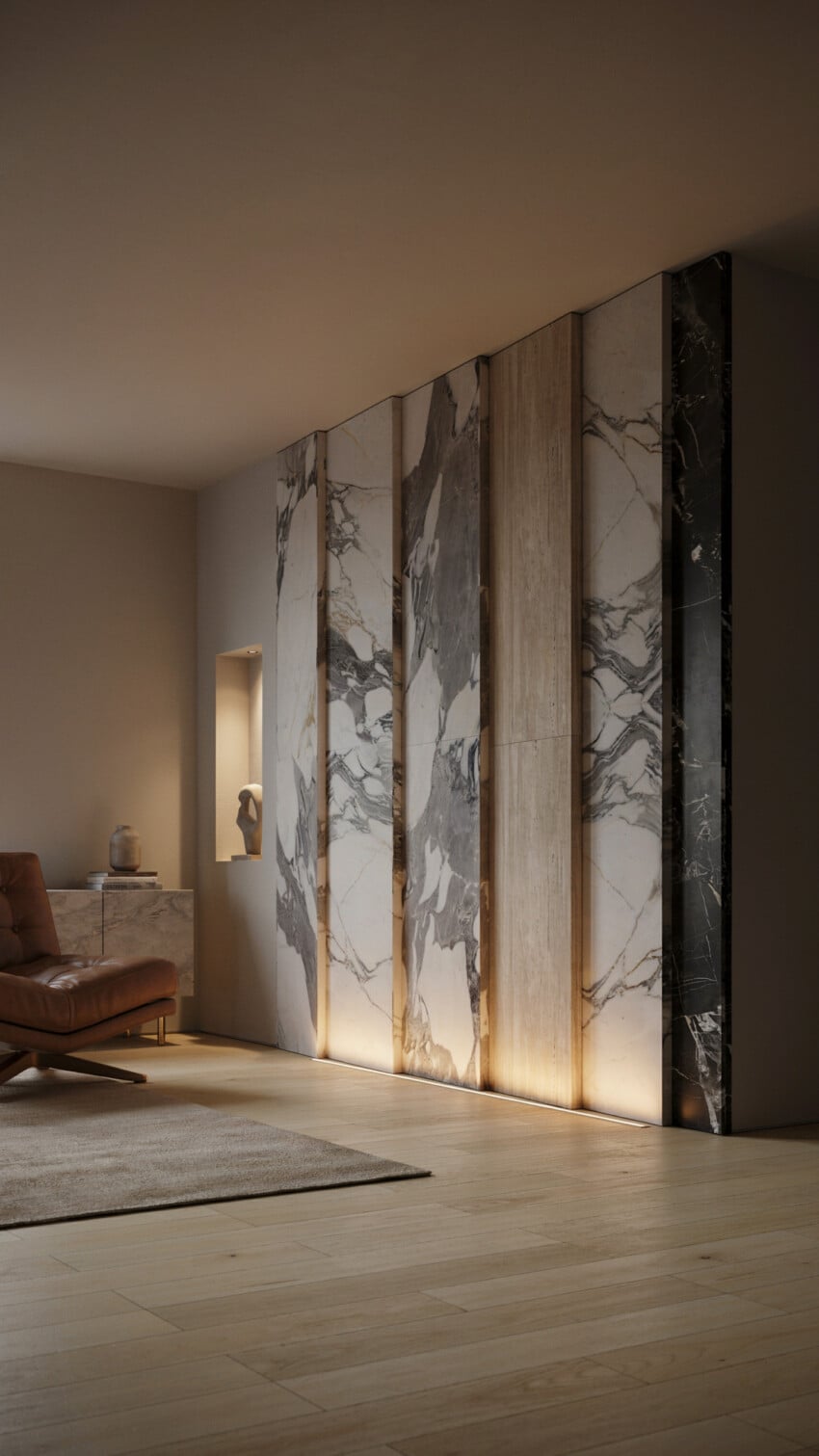Several Vertical Marble Slabs Accent Wall