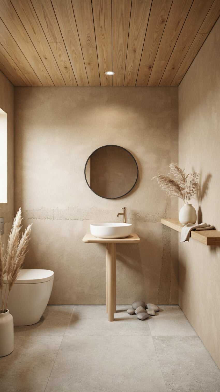 Minimalist Japanese Powder Room with Rammed Earth Look Plaster In Warm Sand
